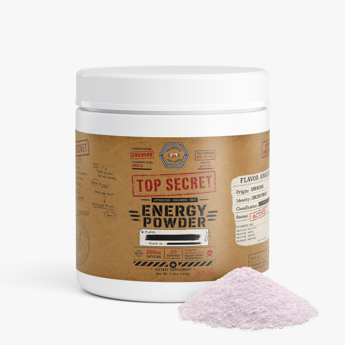 Energy powder container with white lid and pale purple powder pile on the right.
