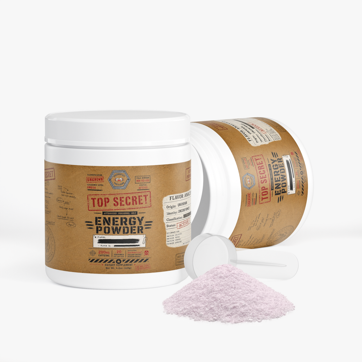 Energy powder container with open lid and pale purple powder pile, scoop and side view.