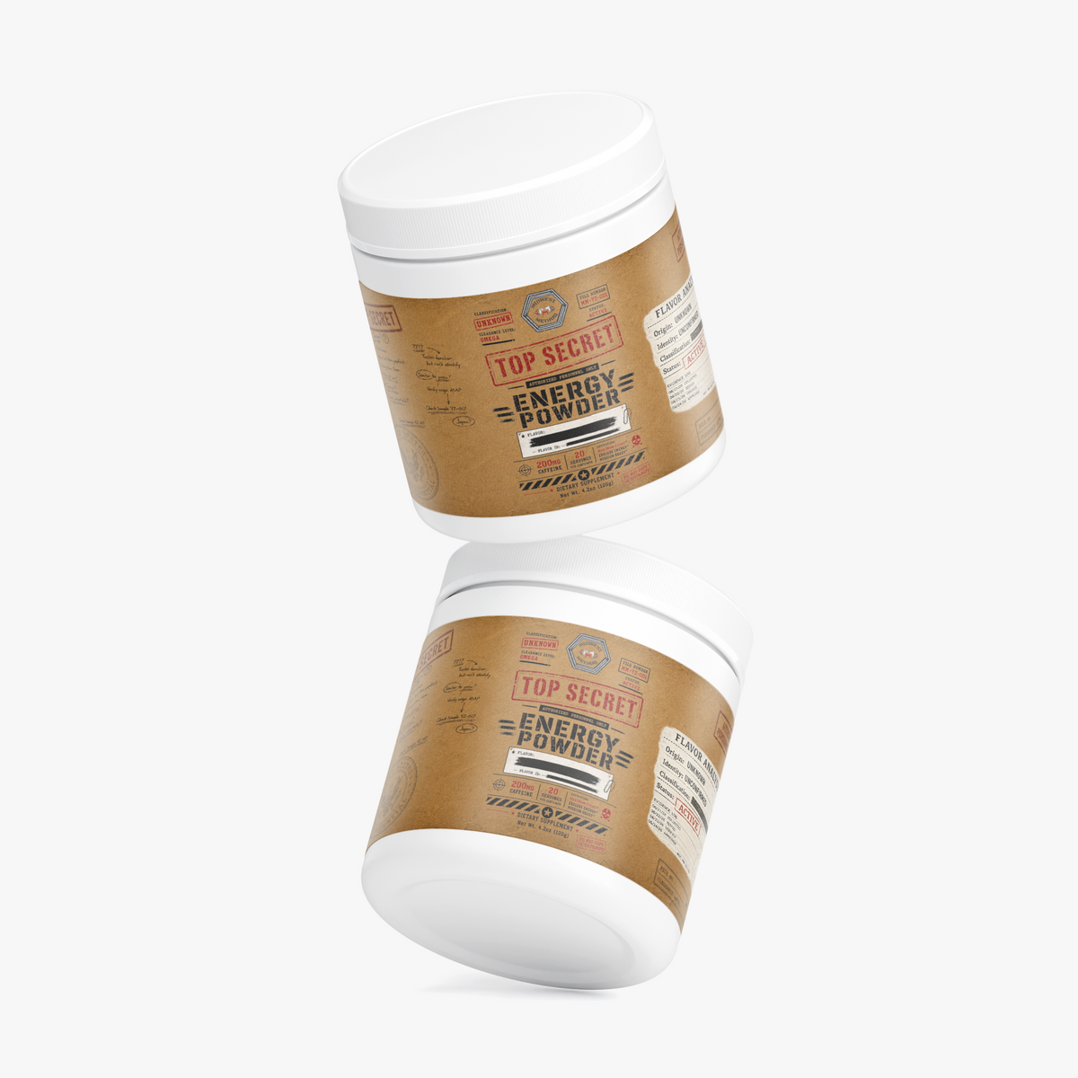 Energy powder supplement containers, angled side view with gold and white label fronts.