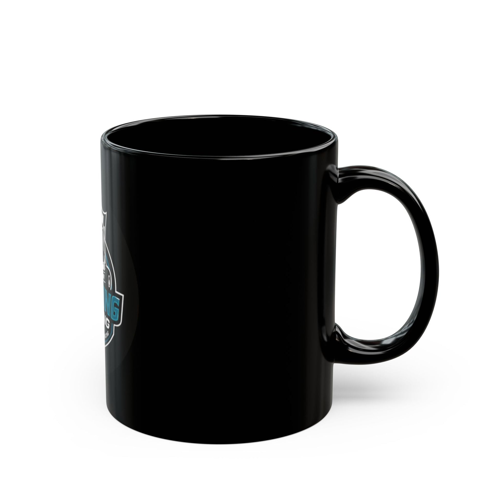 Black ceramic mug with side Fleming Racing logo and C-shaped handle