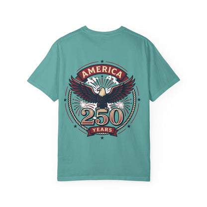 Green unisex T-shirt with vintage eagle badge graphic reading 250 years