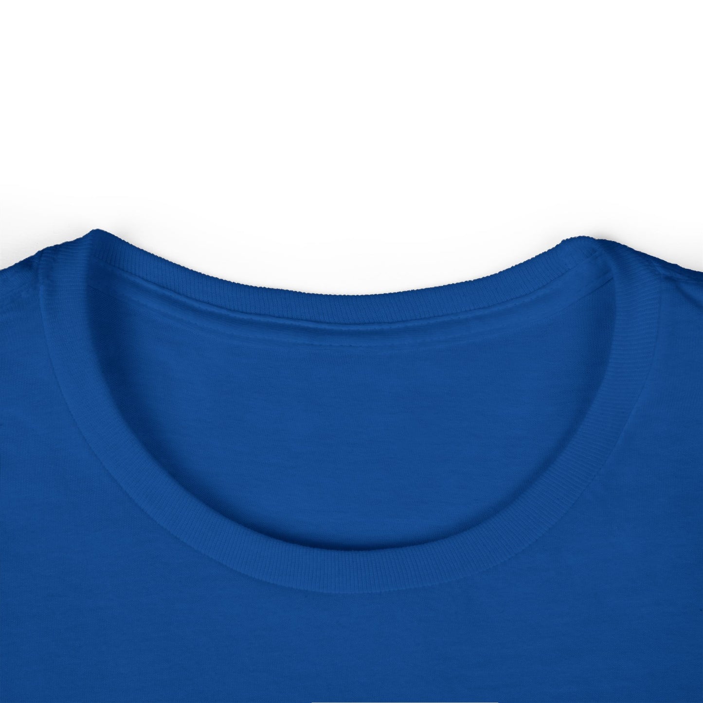 Royal blue crew-neck T-shirt with short sleeves, close-up of neckline.