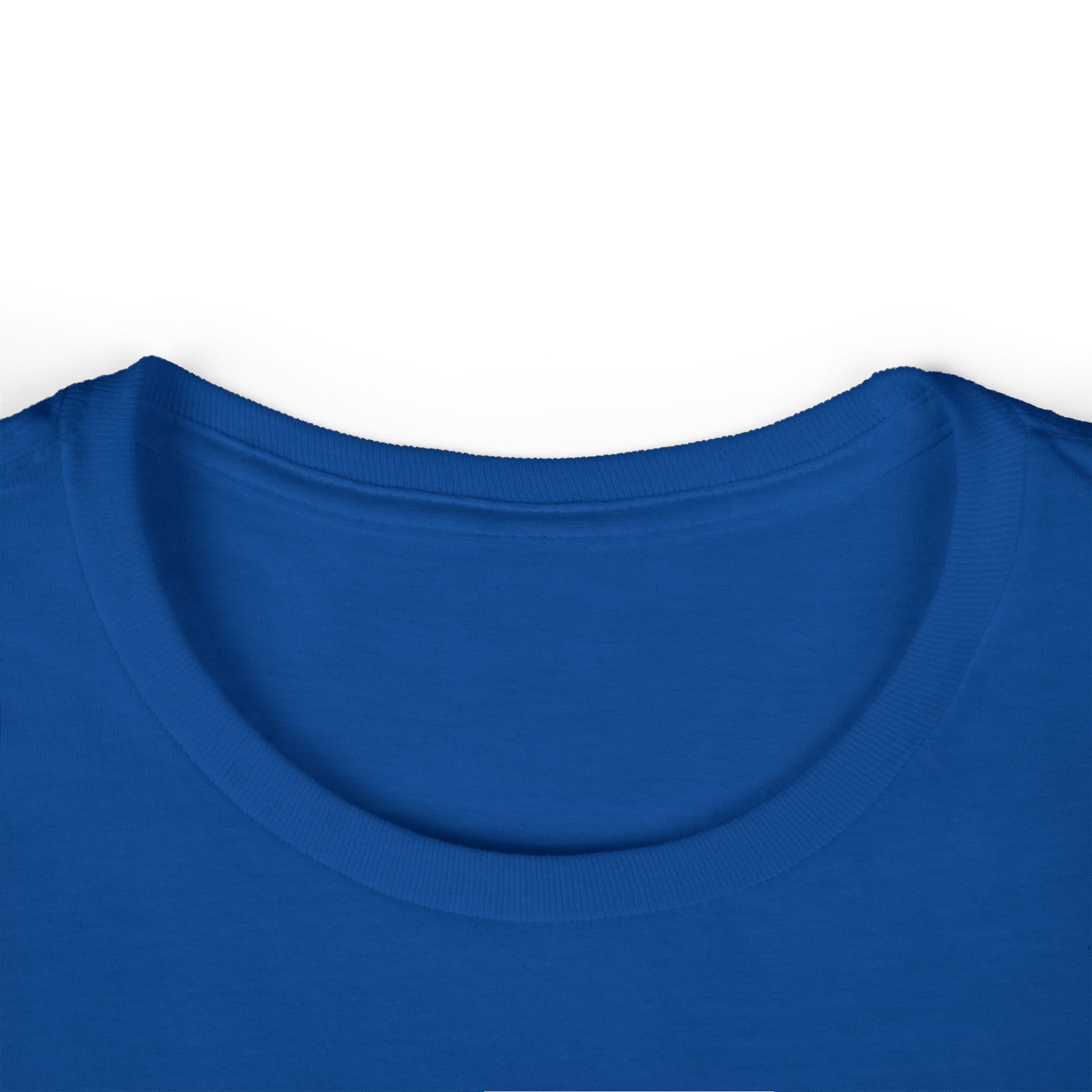Royal blue crew-neck T-shirt with short sleeves, close-up of neckline.