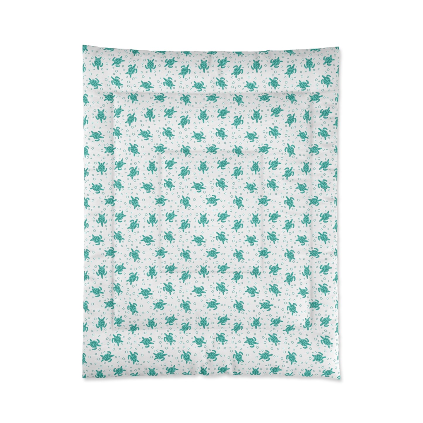 Comforter with teal all-over floral pattern on white, front view