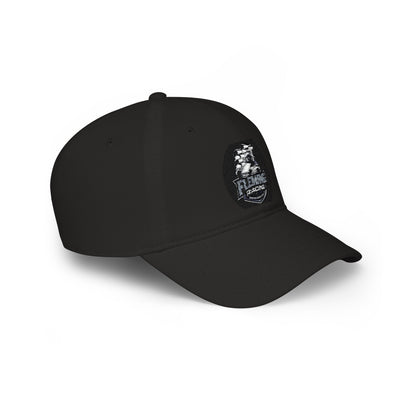 Black baseball cap, side view with embroidered racing logo patch