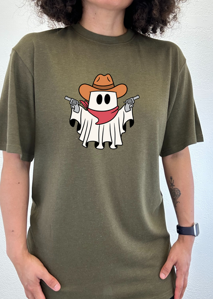Men's olive graphic T-shirt with cowboy ghost face and revolver print on front.