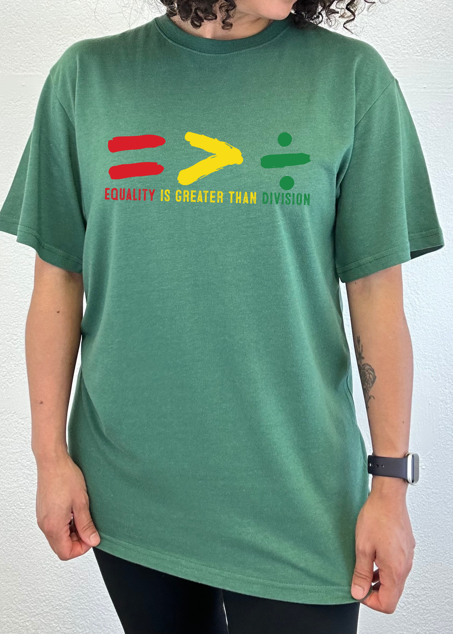 Unisex green graphic t-shirt with multicolor Equality slogan and symbol print on chest