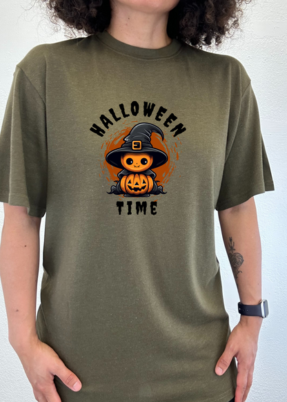 Unisex Halloween graphic T-shirt, crew neck; olive short sleeve with witch-pumpkin front print