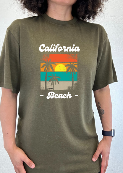 Unisex graphic T-shirt, olive green with 'California Beach' palm print