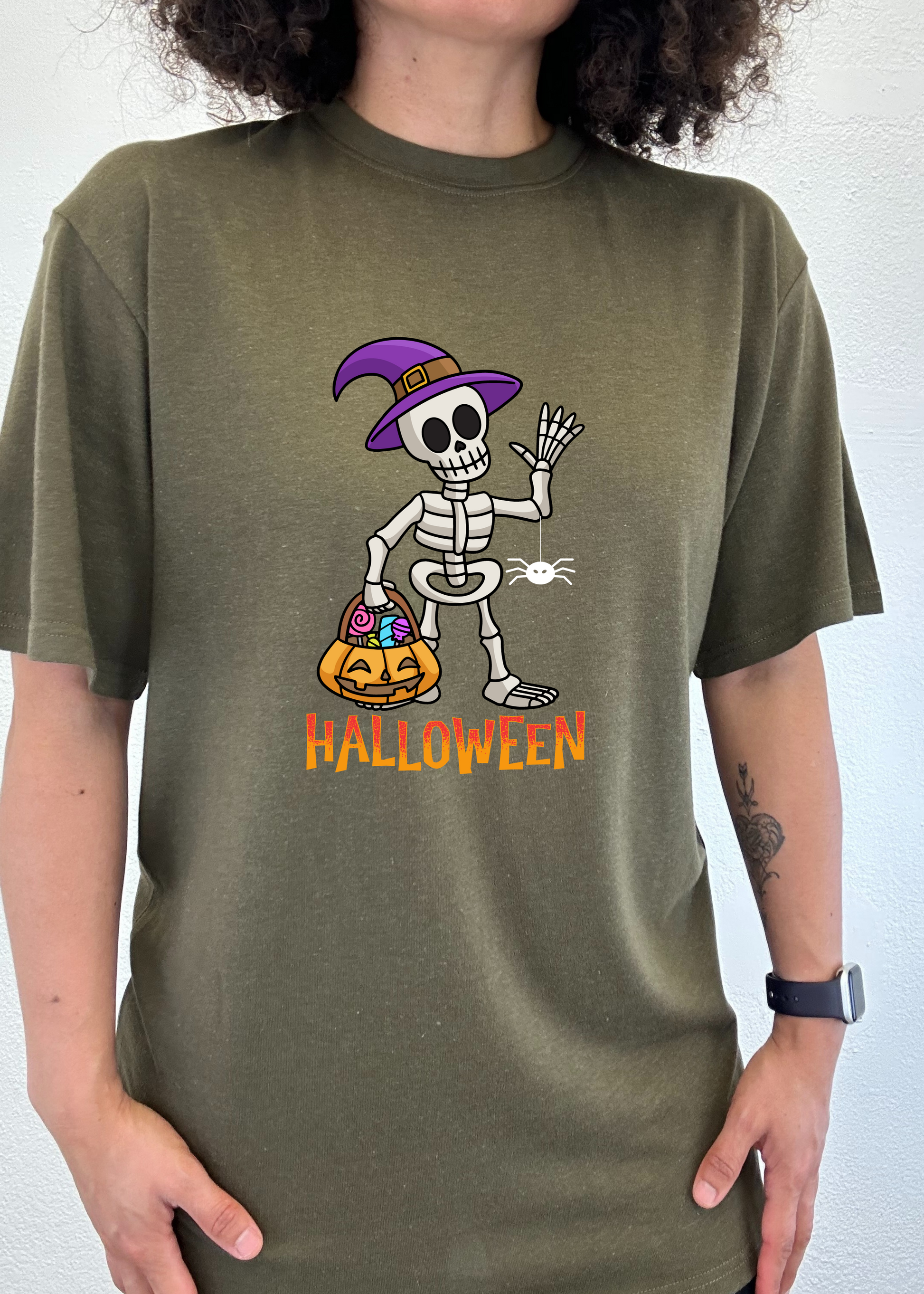 Olive unisex crewneck T-shirt with short sleeves featuring Halloween skeleton graphic