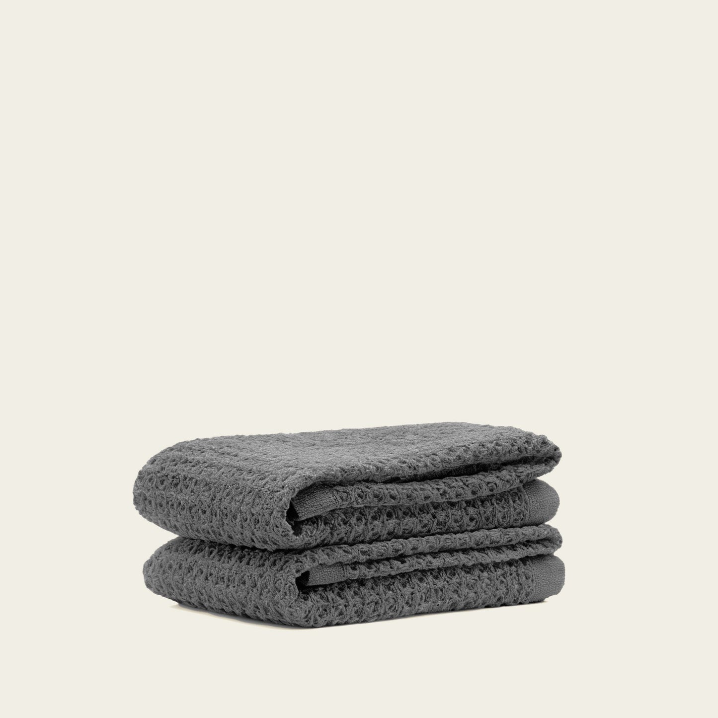 Charcoal waffle cotton towel, folded stack of 2