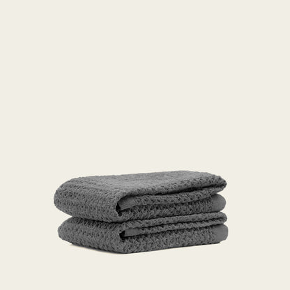Charcoal waffle cotton towel, folded stack of 2