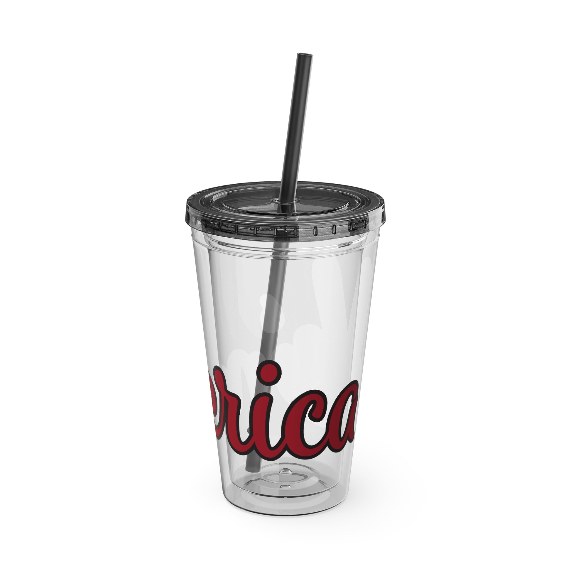 Clear 16oz tumbler with black straw and red script graphic