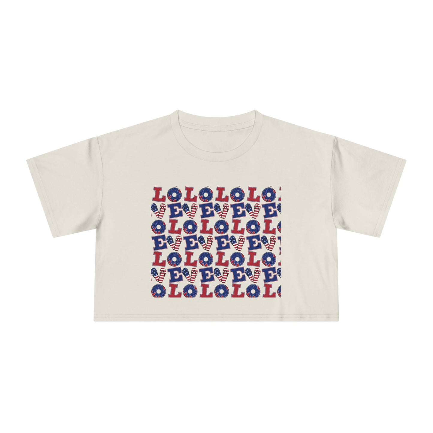 Bone graphic crop tee with multicolor “LOL” block print