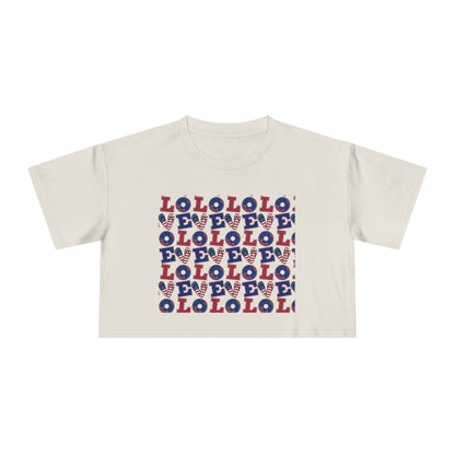 Bone graphic crop tee with multicolor “LOL” block print