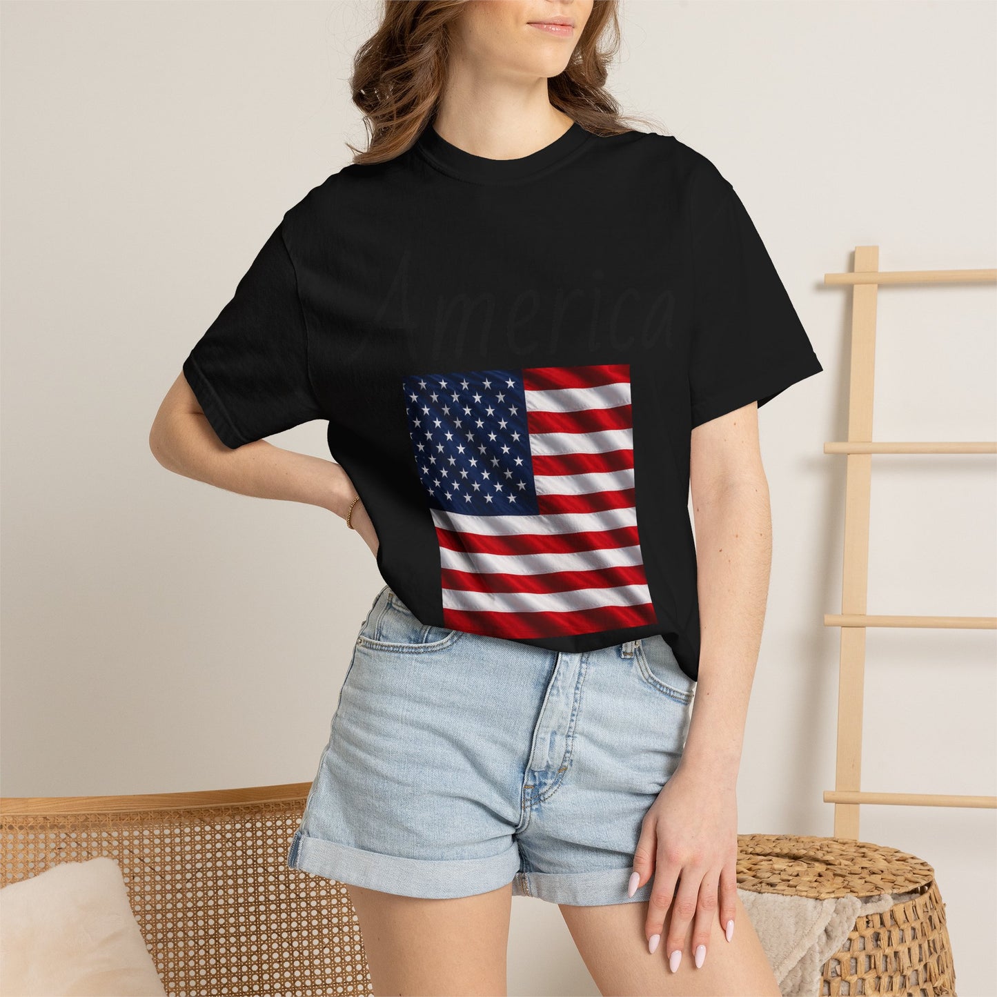 Unisex T-shirt, black, “America” text with U.S. flag graphic on front