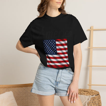 Unisex T-shirt, black, “America” text with U.S. flag graphic on front