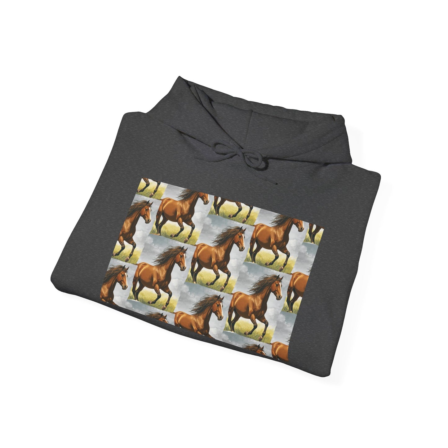 Dark gray horse pattern hoodie with large front graphic panel and drawstring hood