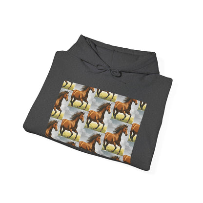 Dark gray horse pattern hoodie with large front graphic panel and drawstring hood