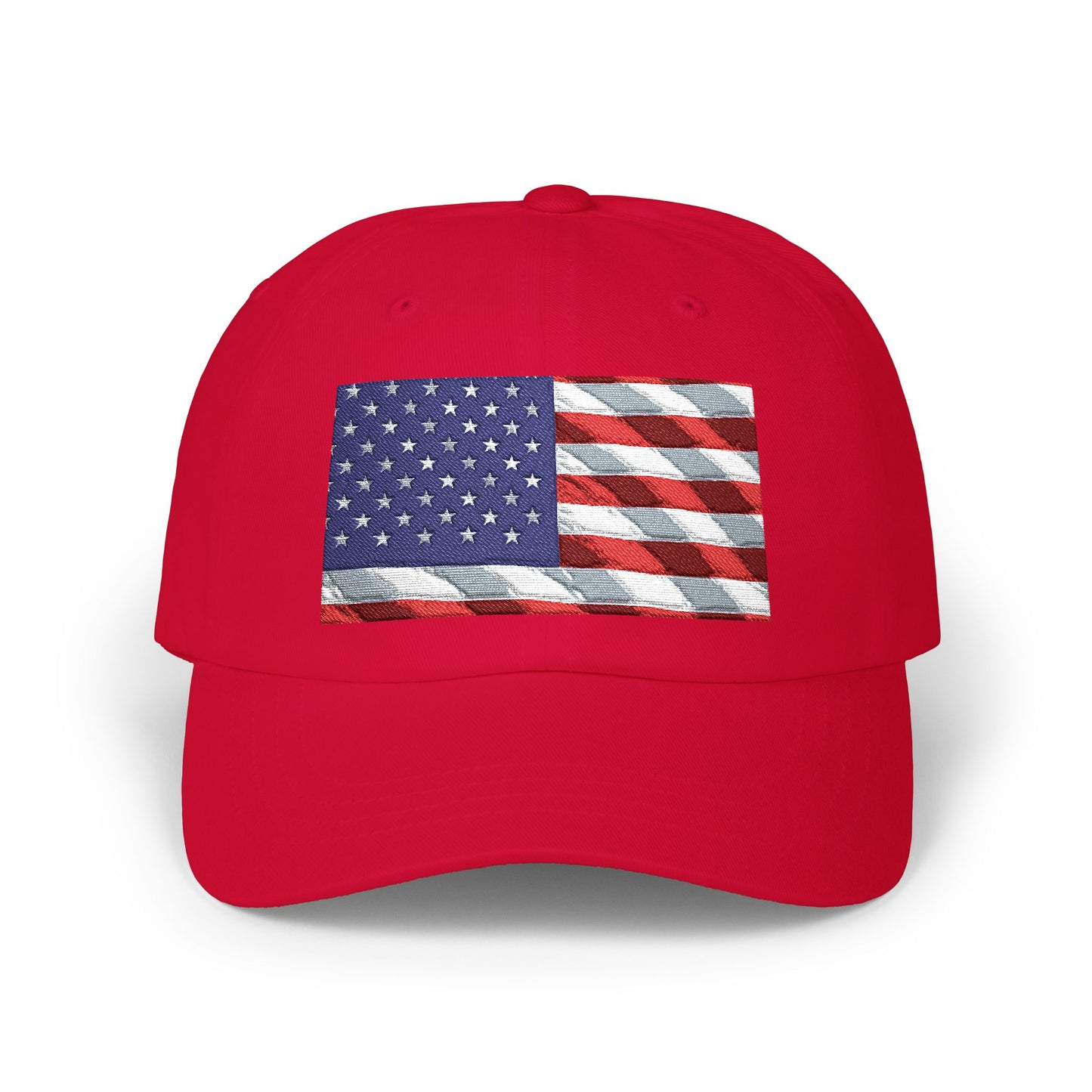 Red dad cap with distressed American flag embroidered patch on the front