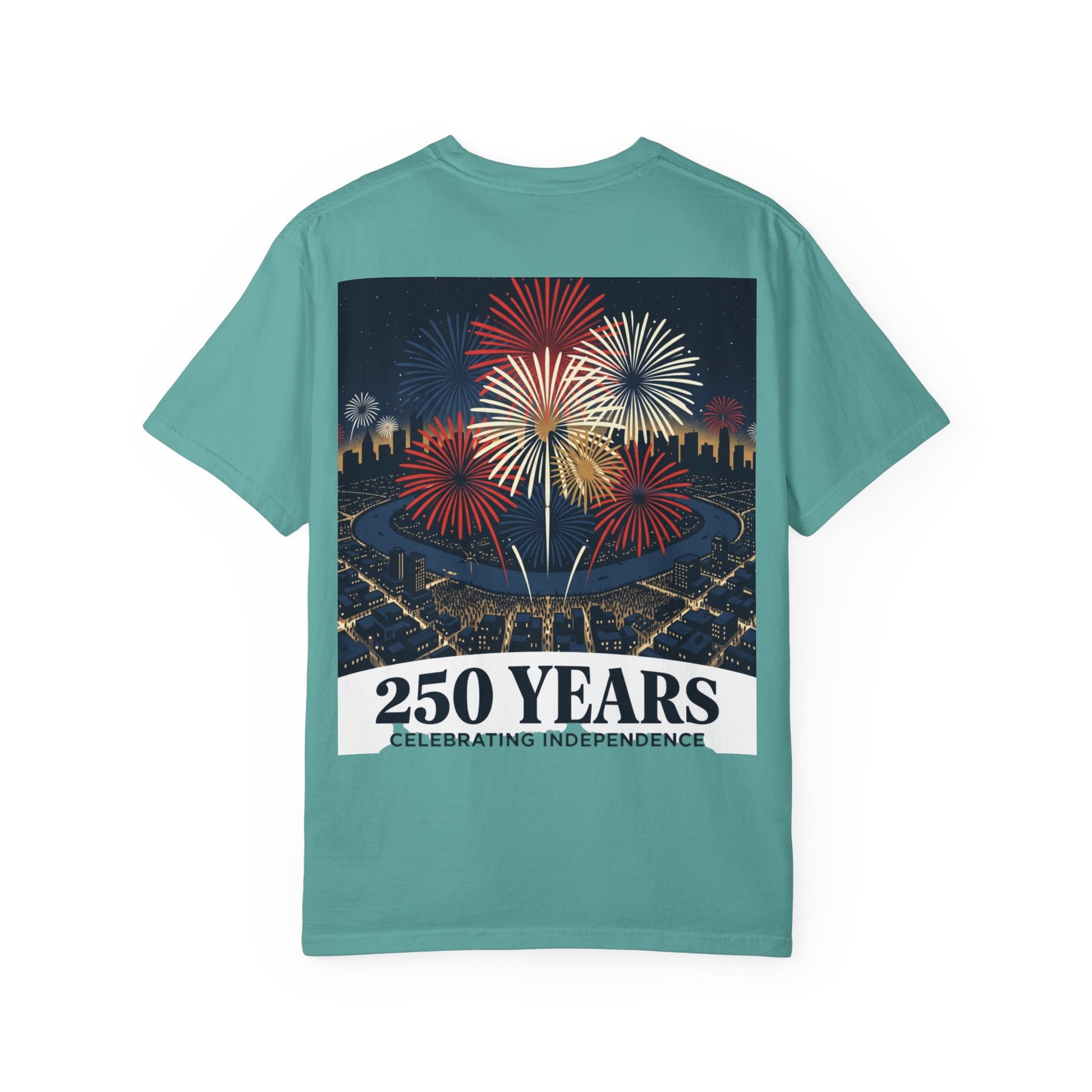 Teal T-shirt with fireworks and “250 Years Celebrating Independence” graphic on front