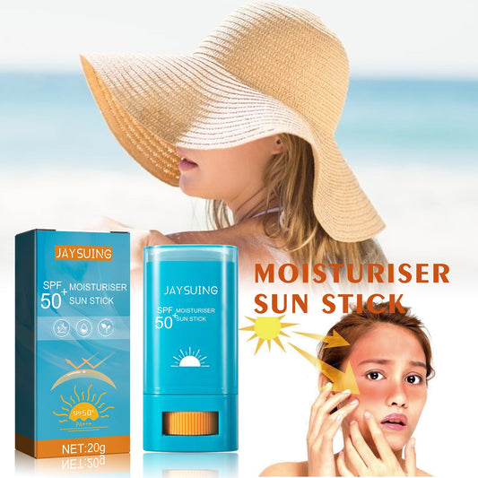 Moisturizing sunscreen stick by JAYSUING: blue tube and carton, SPF 50, 20g