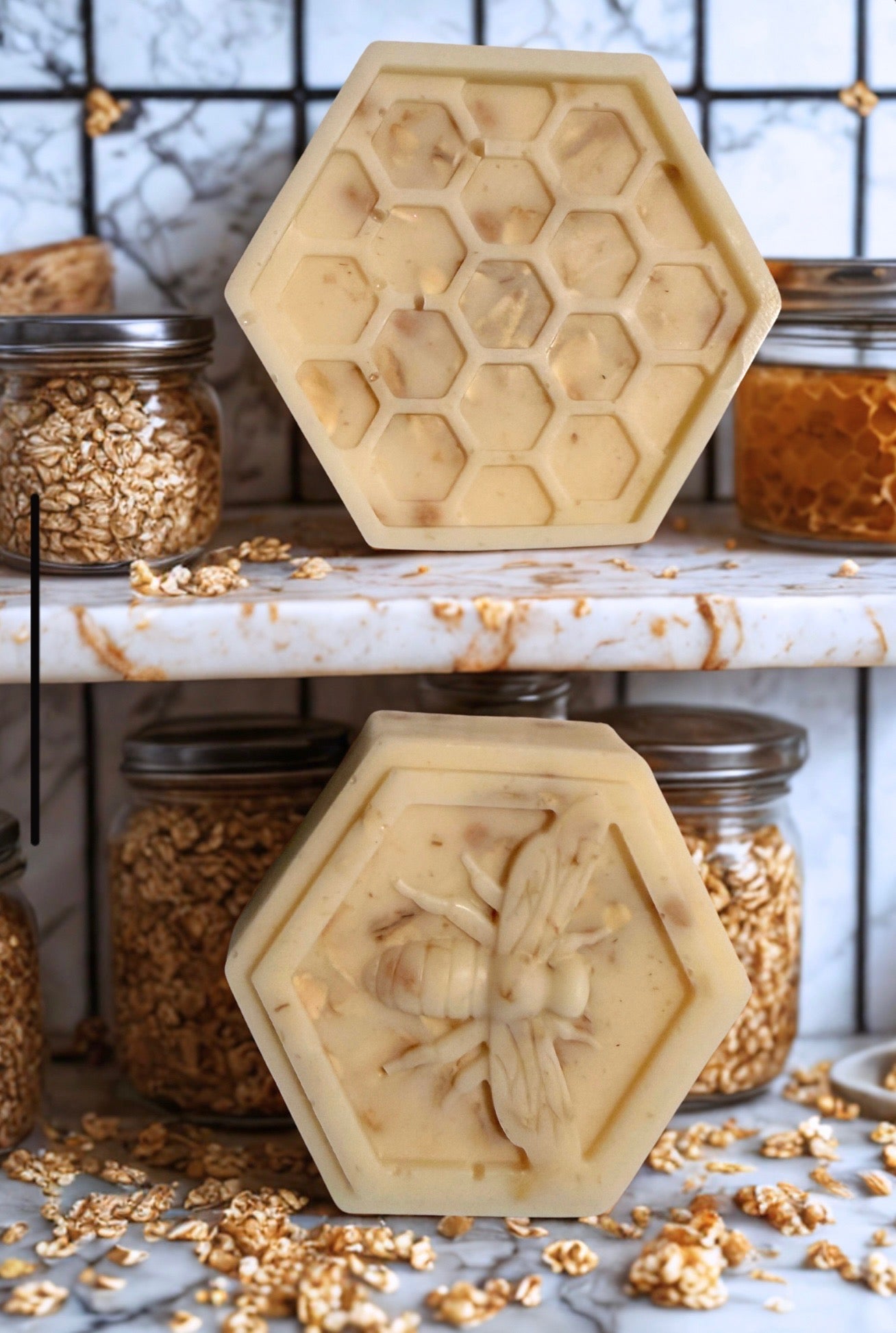 Honeycomb-shaped soap bar in light beige, hexagonal molded design