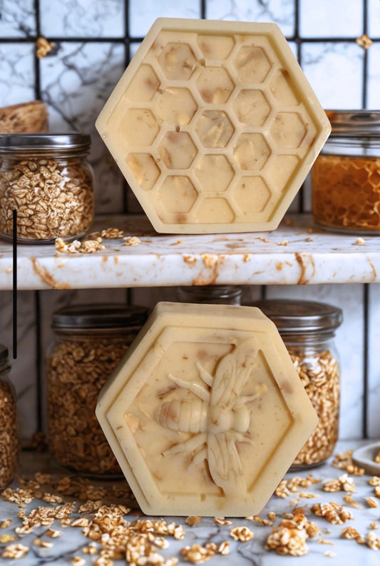Honeycomb-shaped soap bar in light beige, hexagonal molded design