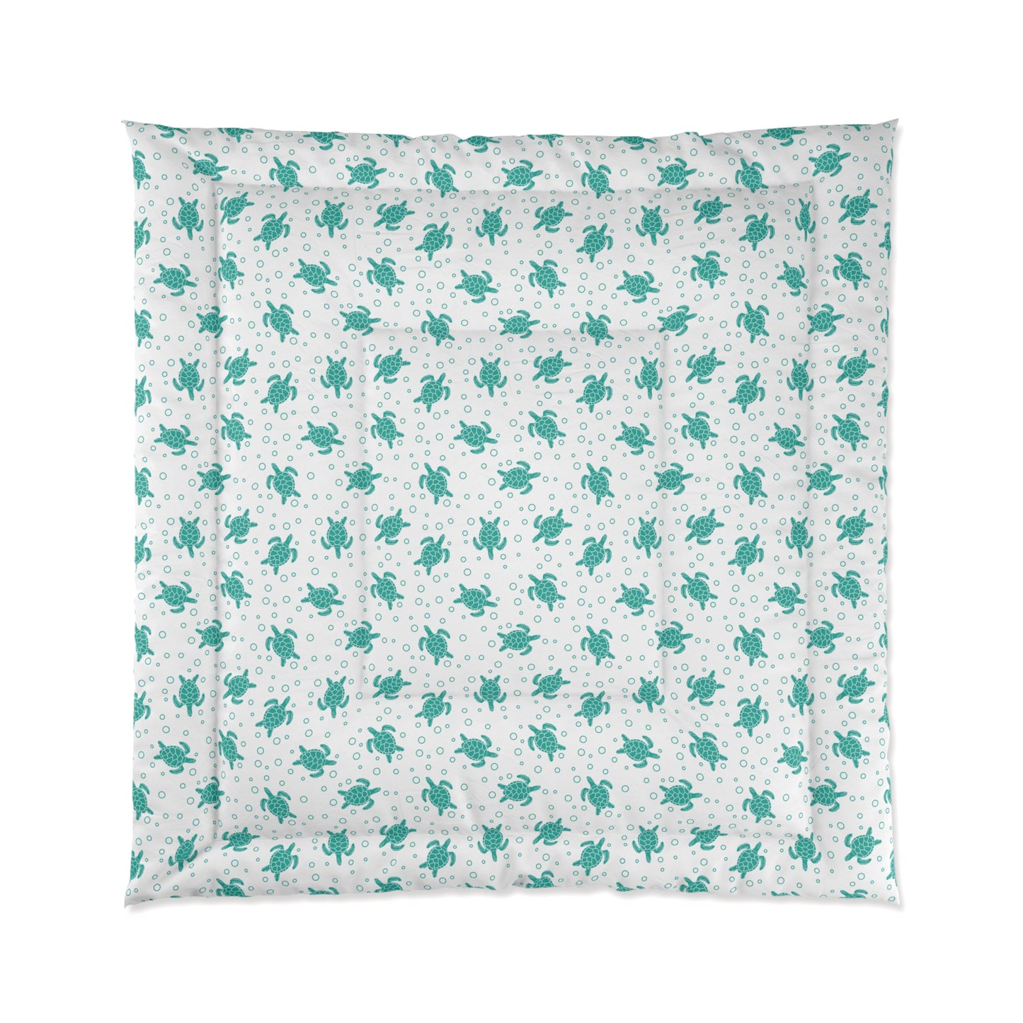 Comforter with teal all-over floral pattern on white, shown flat with aligned edges