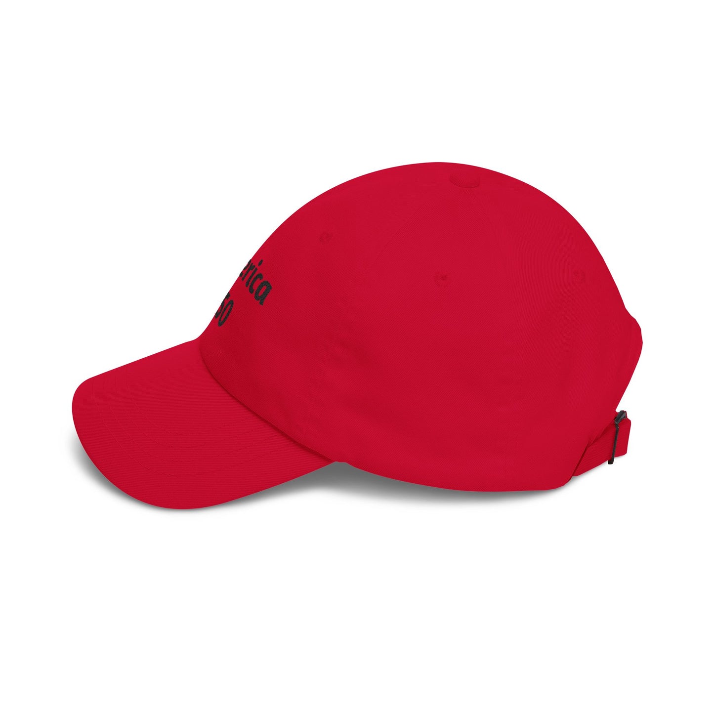 Red dad cap with curved brim and side logo patch