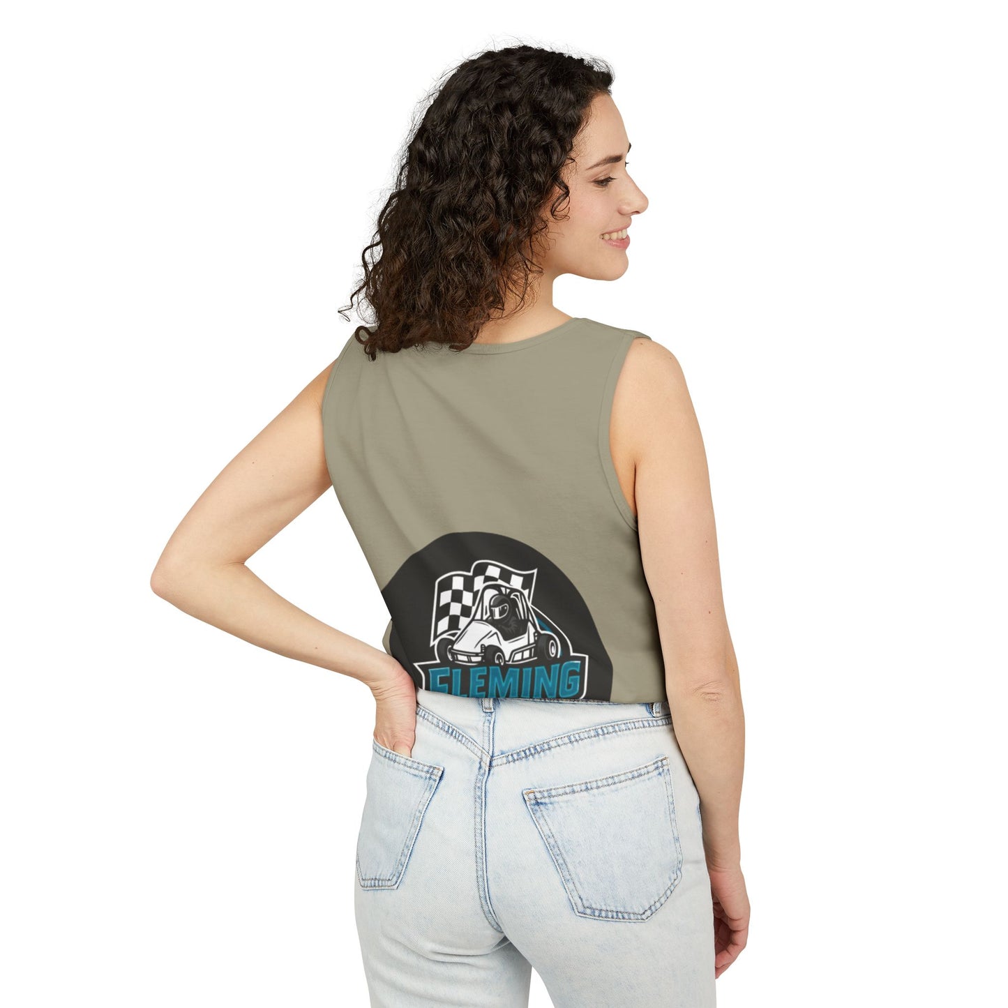 Olive racing tank top with round motorsports graphic print on back