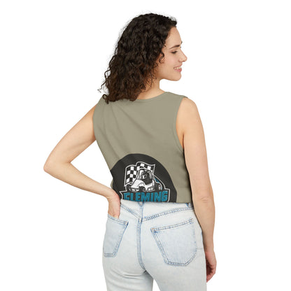Olive racing tank top with round motorsports graphic print on back
