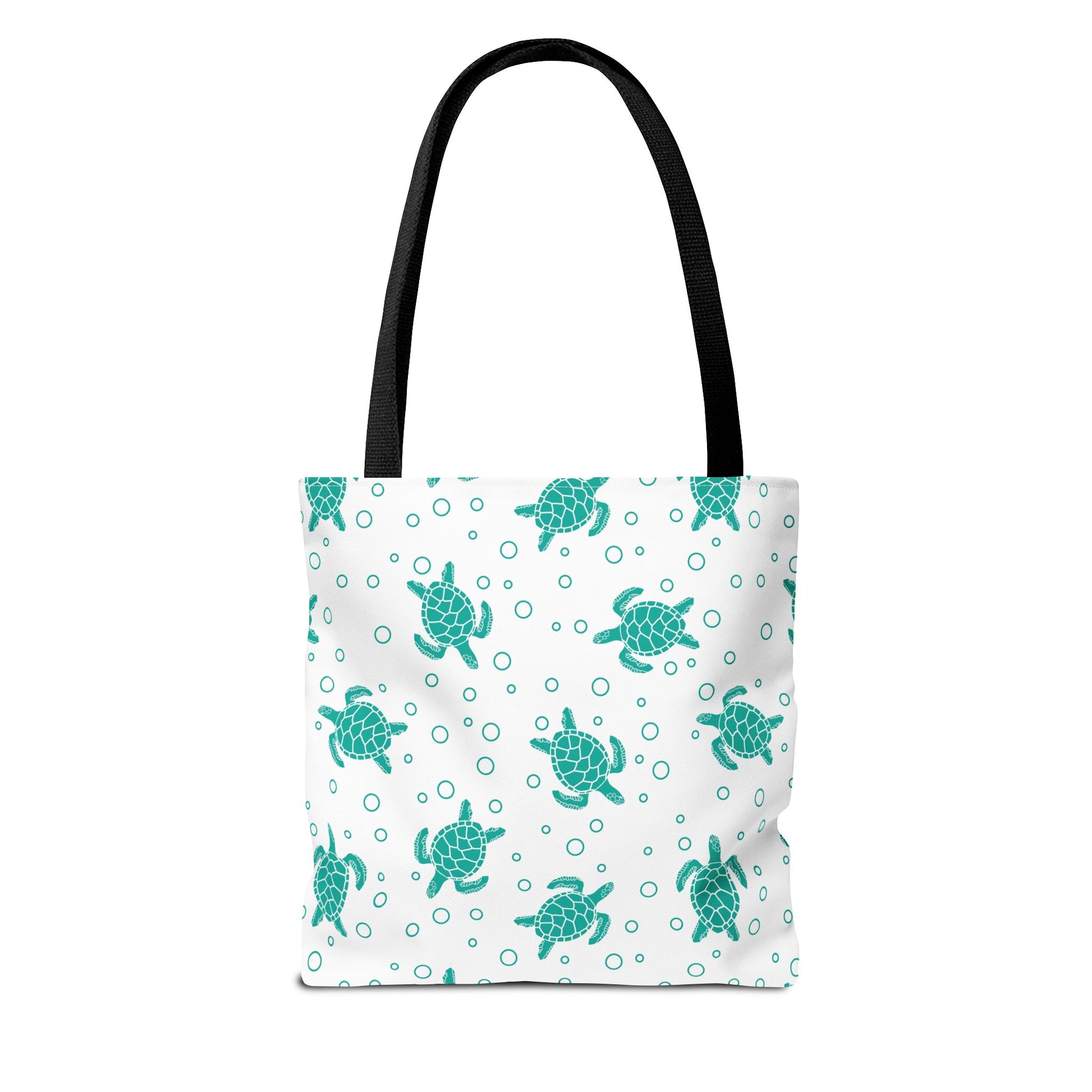 Sea turtle pattern tote bag with teal repeating turtles and black carry handles