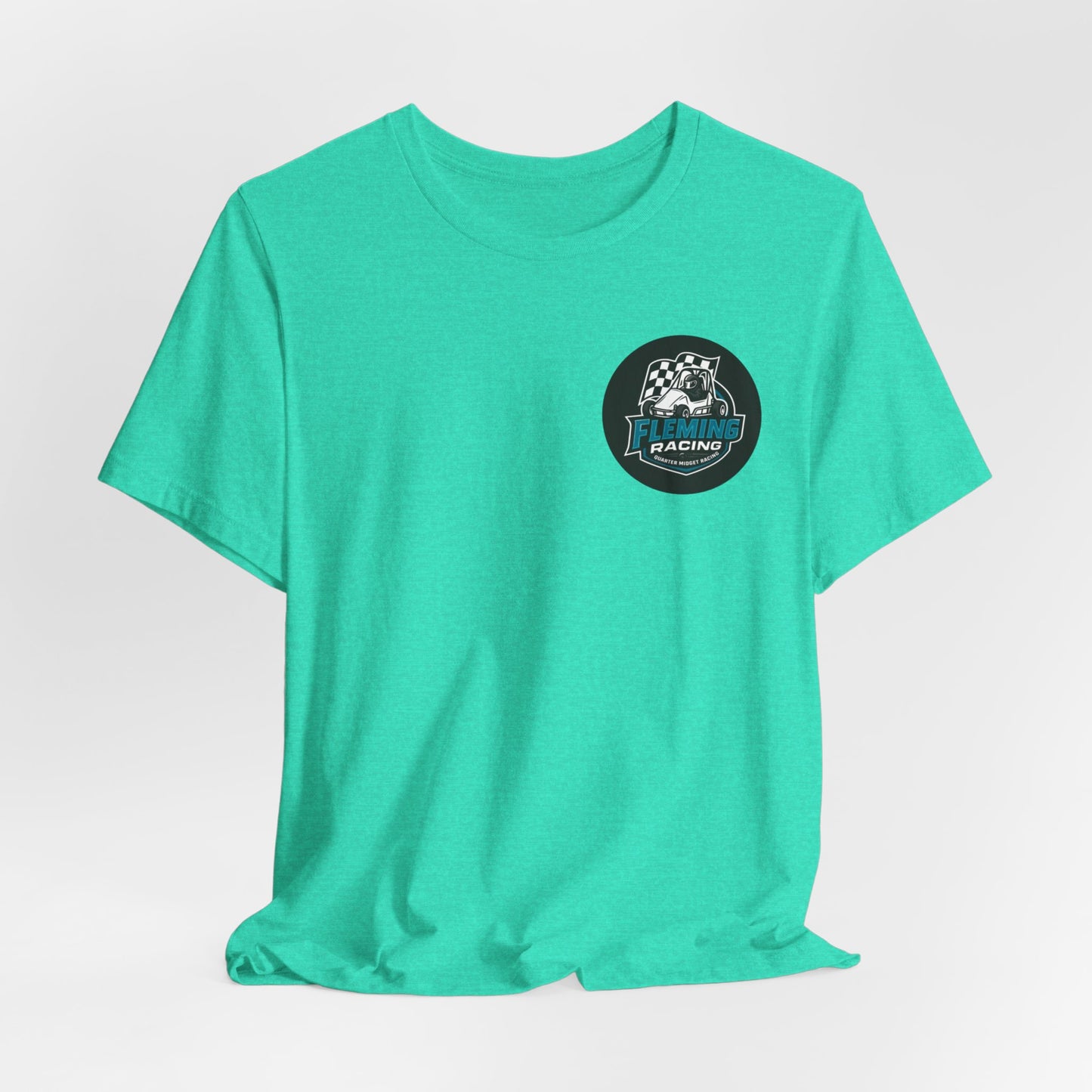 Teal racing logo T-shirt with circular car emblem on left chest.