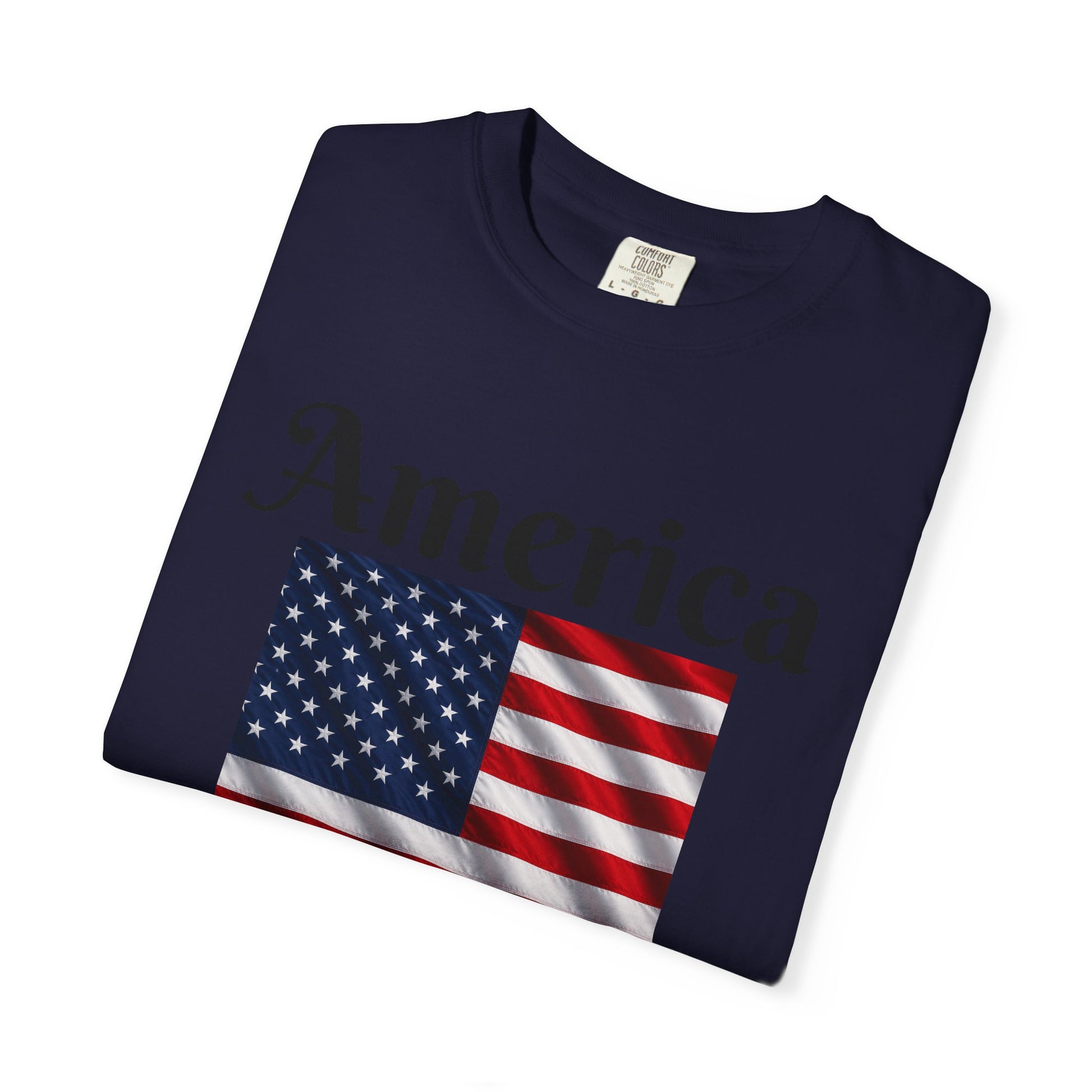 Dark navy T-shirt with America flag square graphic centered on the chest