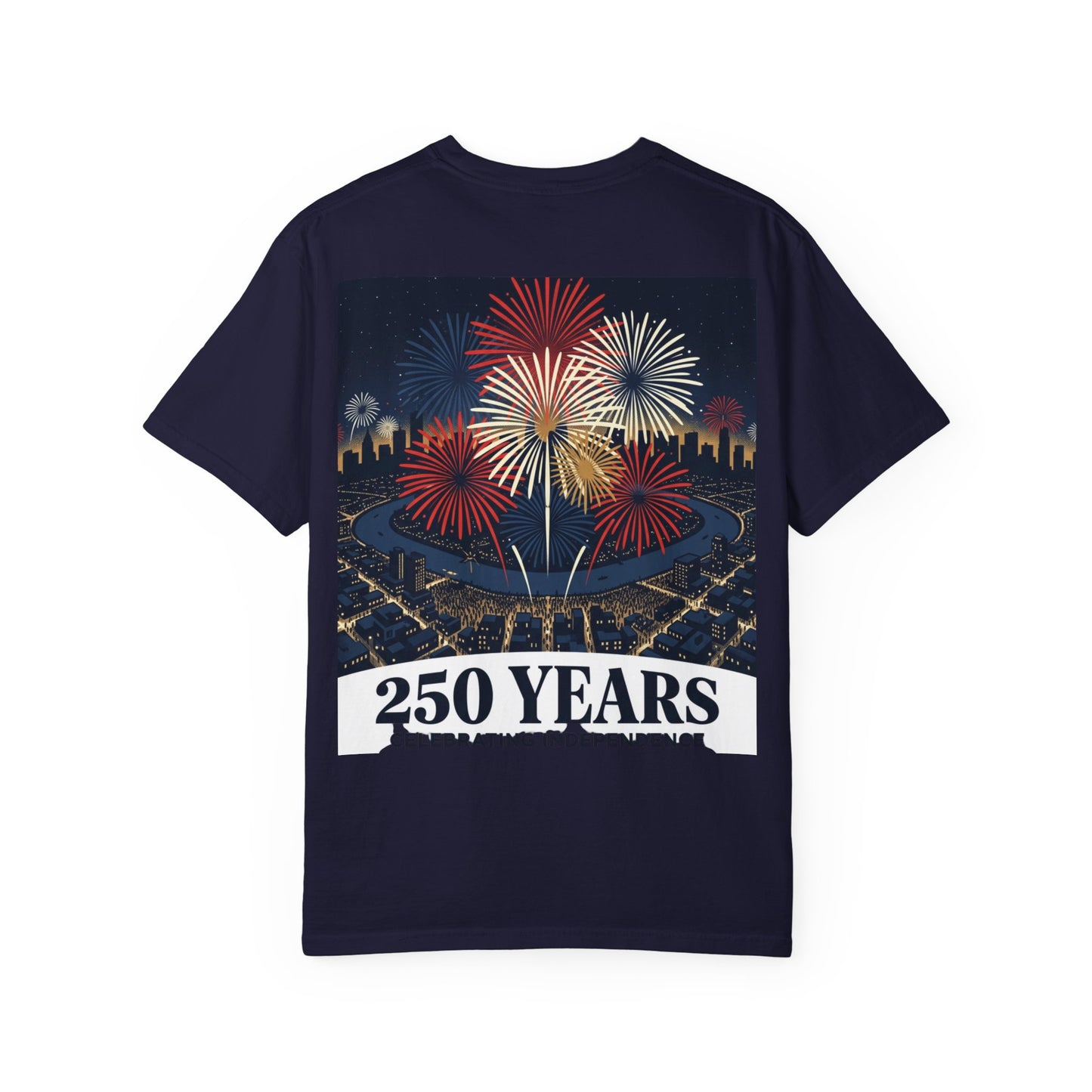 Navy T-shirt with multicolor fireworks over city skyline and 250 YEARS text