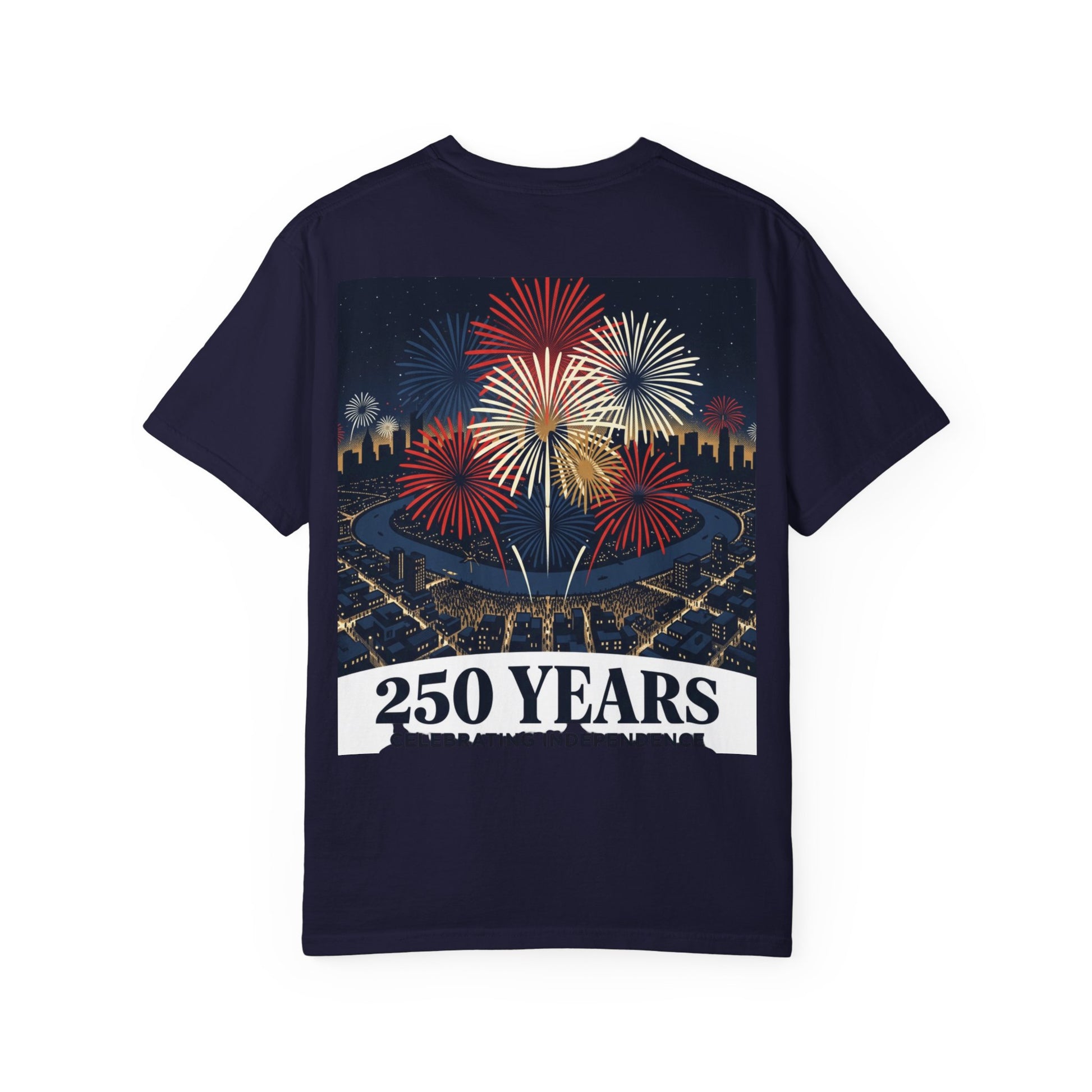 Navy T-shirt with multicolor fireworks over city skyline and 250 YEARS text