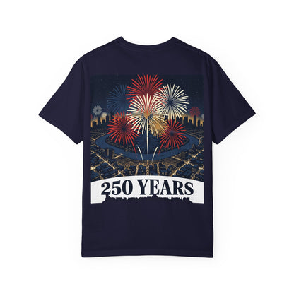 Navy T-shirt with multicolor fireworks over city skyline and 250 YEARS text