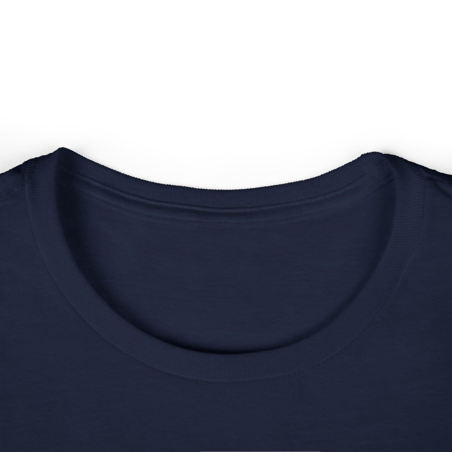 Navy crew-neck T-shirt with short sleeves, close-up of neckline.