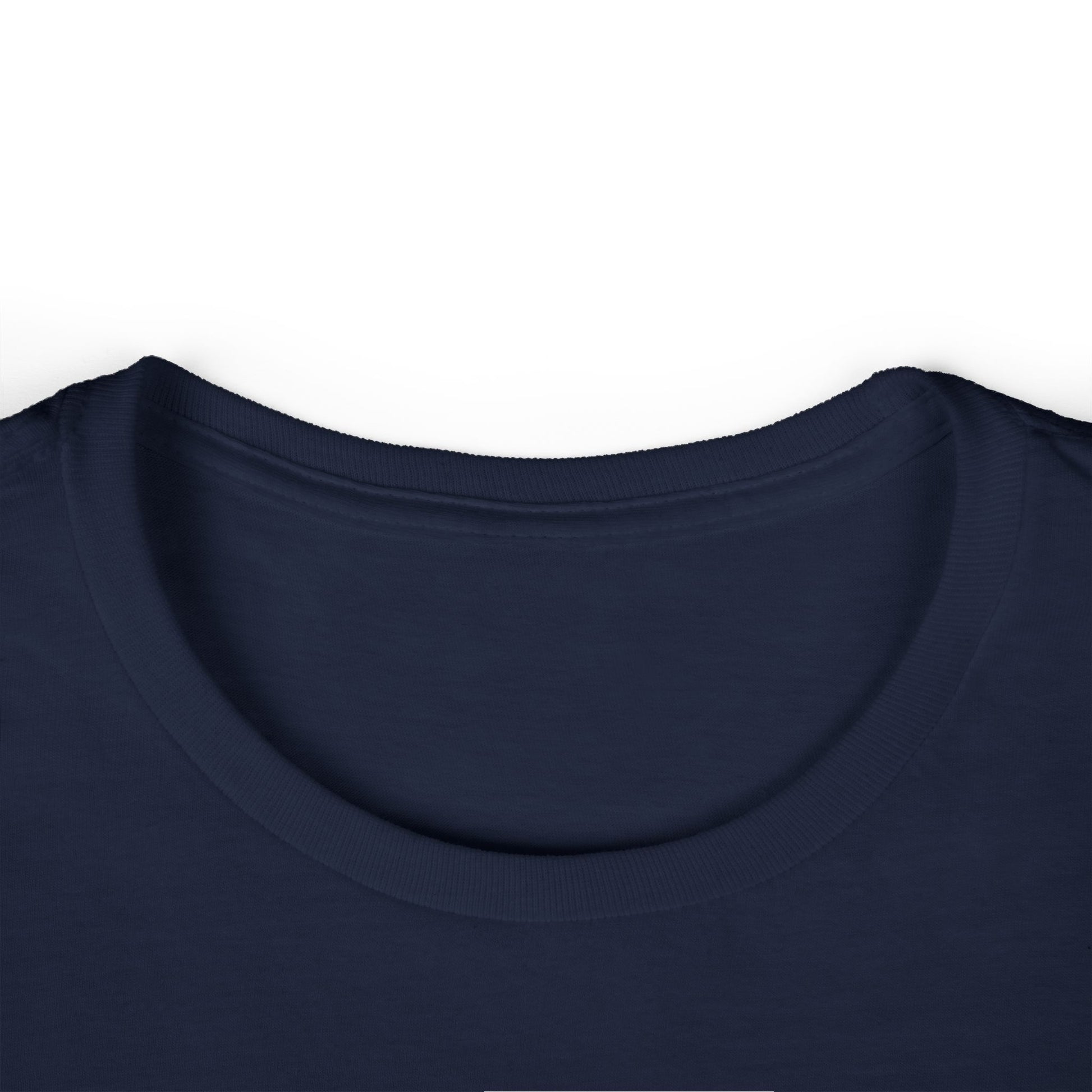 Navy crew-neck T-shirt with short sleeves, close-up of neckline.