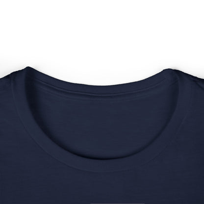 Navy crew-neck T-shirt with short sleeves, close-up of neckline.