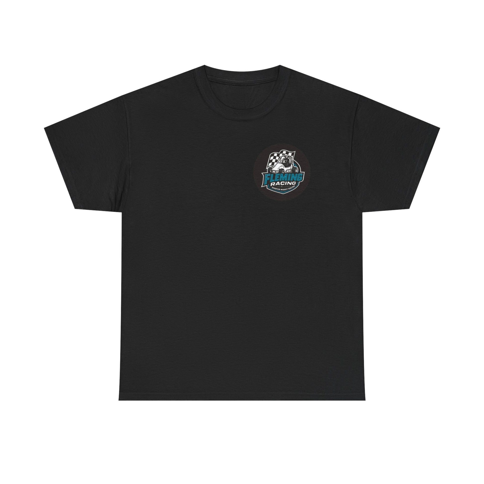 Black crewneck T-shirt with small Fleming Racing logo graphic on chest