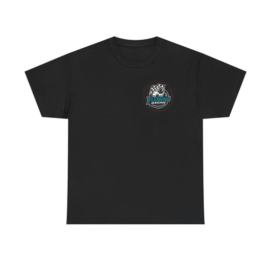 Black crewneck T-shirt with small Fleming Racing logo graphic on chest