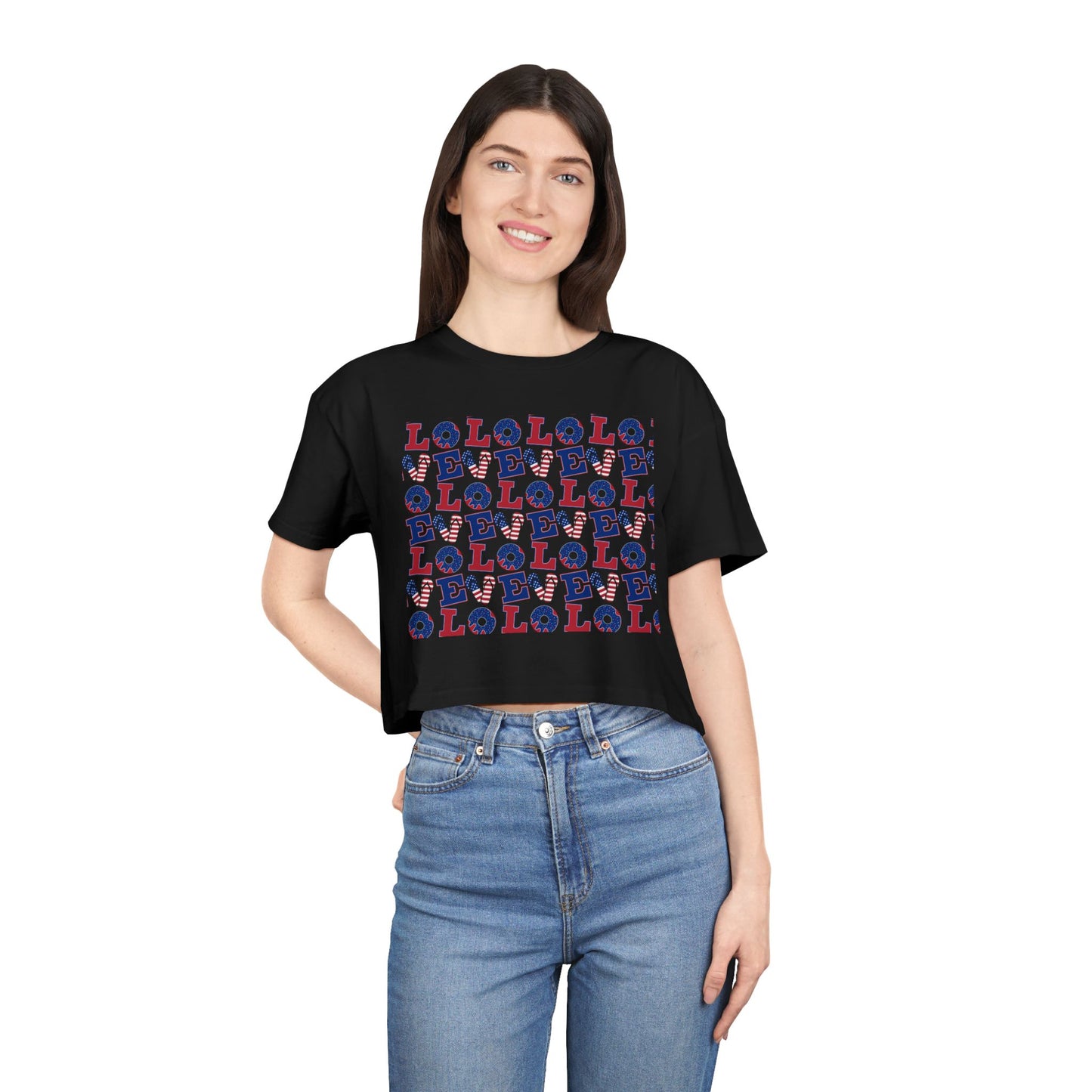 Crop graphic tee on model, black with multicolor LOLO print and crew neckline