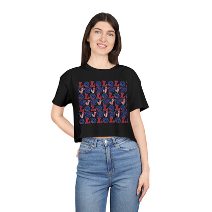 Crop graphic tee on model, black with multicolor LOLO print and crew neckline