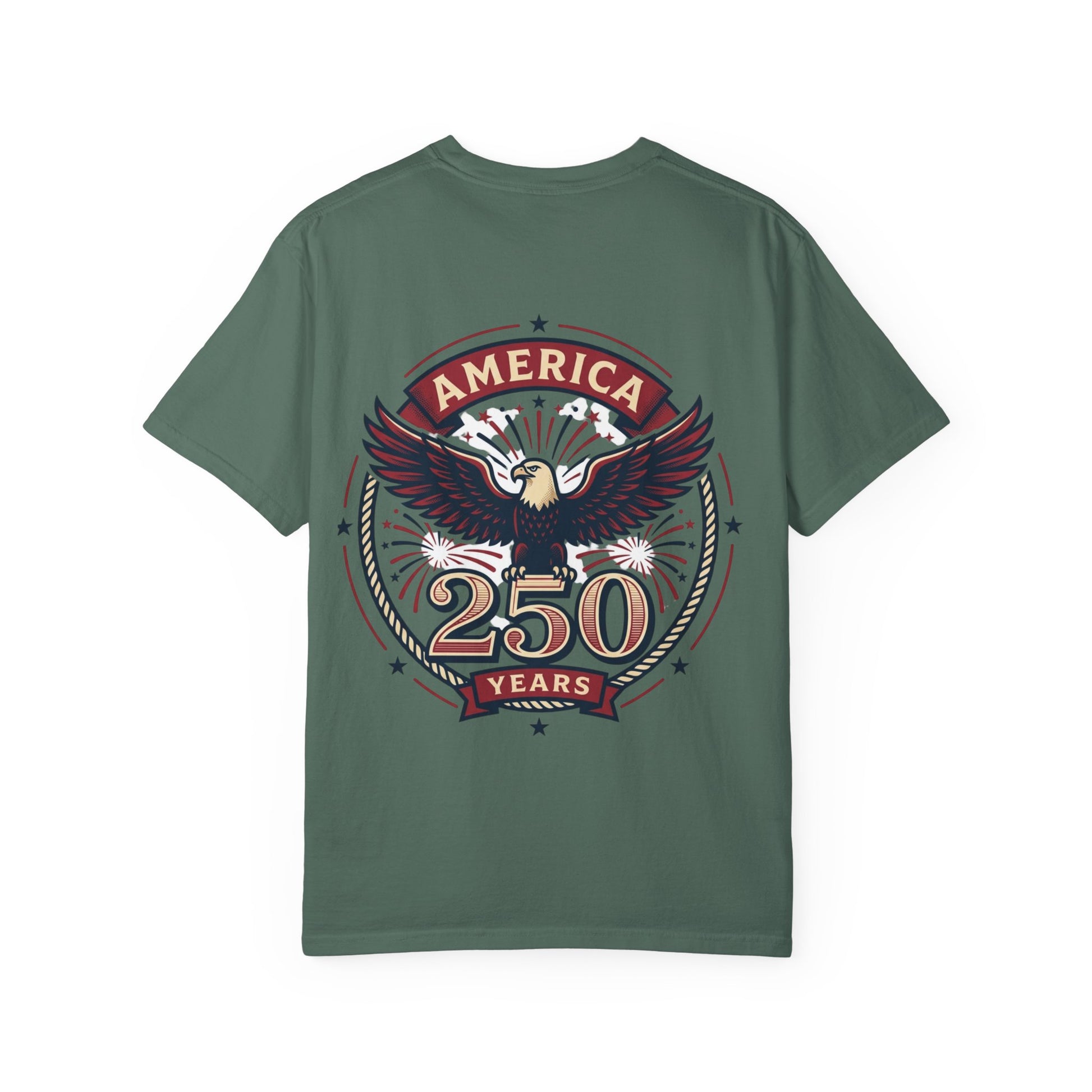 Green unisex T-shirt with vintage eagle badge graphic and 250 years print