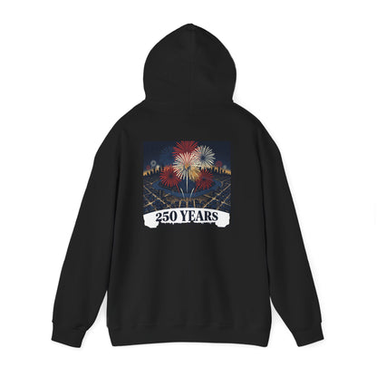 Black pullover hoodie with fireworks “250 years” graphic centered on the back