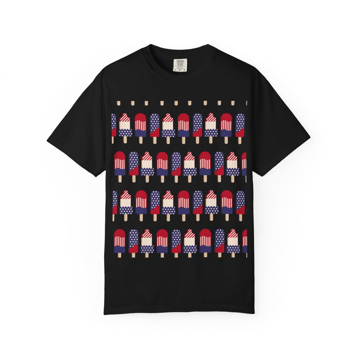 Black popsicle T-shirt with red, white, and blue flag popsicle graphic