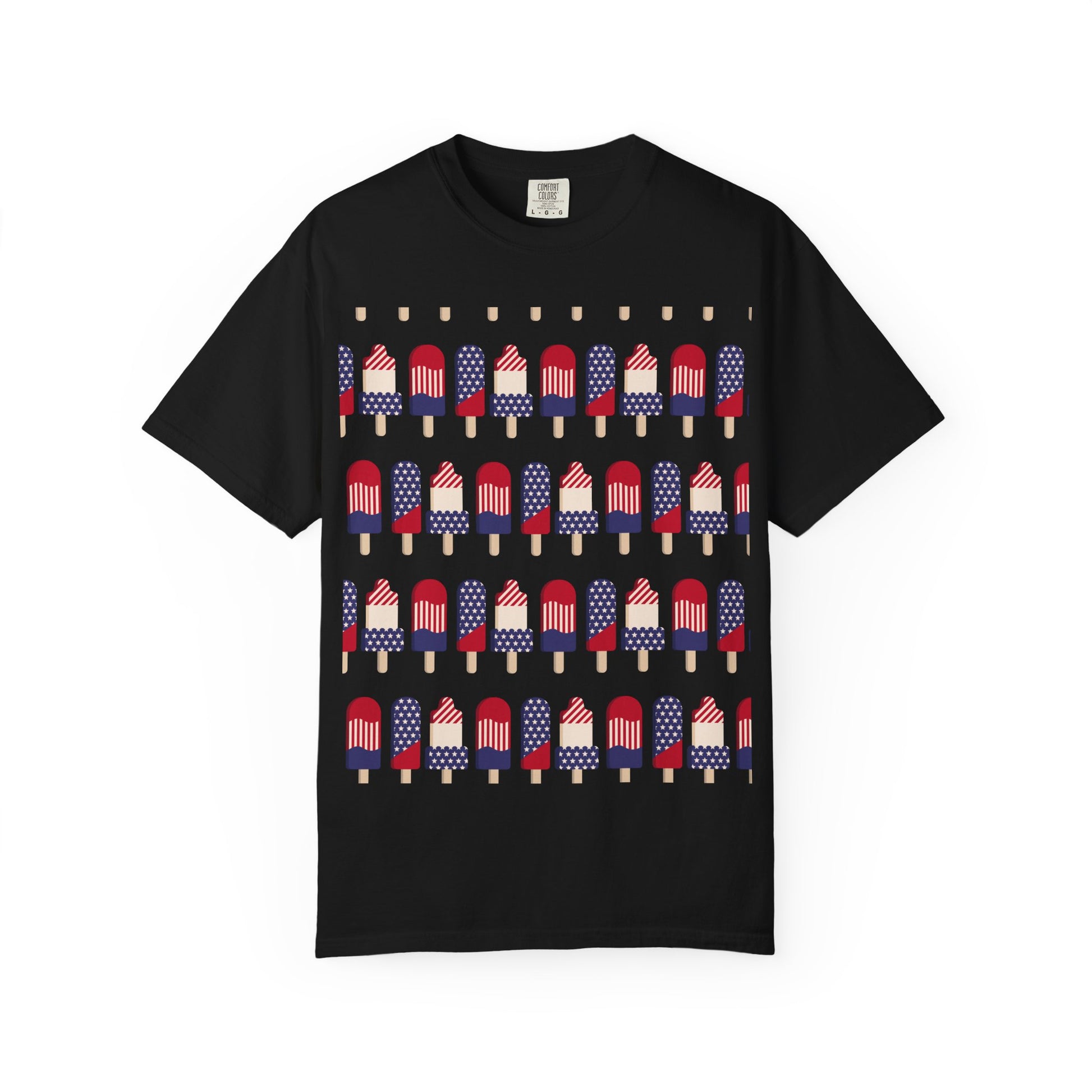 Black popsicle T-shirt with red, white, and blue flag popsicle graphic