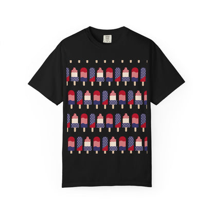 Black popsicle T-shirt with red, white, and blue flag popsicle graphic
